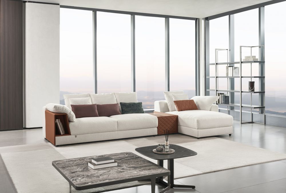AE-L8013 White Fabric Sectional Sofa Set - Right Side Facing Chaise