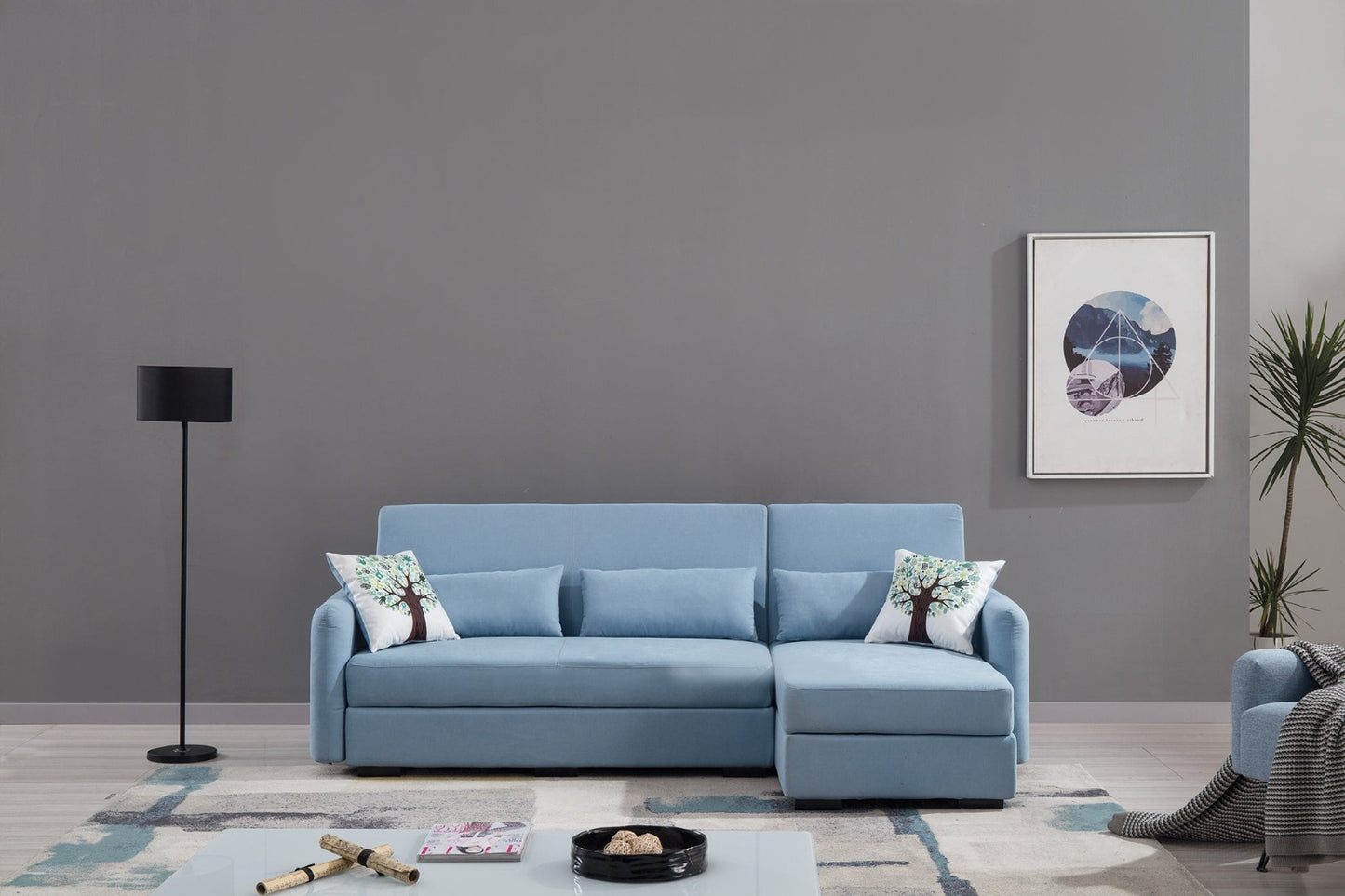 AE-LD828 Light Blue Velvet Sectional Sofa Bed Set