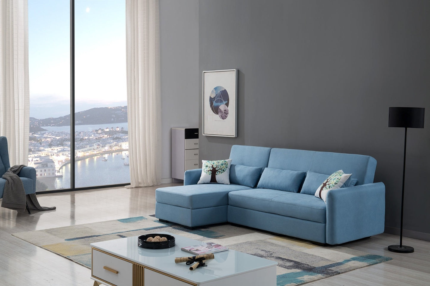 AE-LD828 Light Blue Velvet Sectional Sofa Bed Set