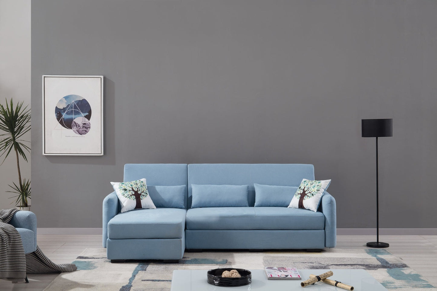AE-LD828 Light Blue Velvet Sectional Sofa Bed Set