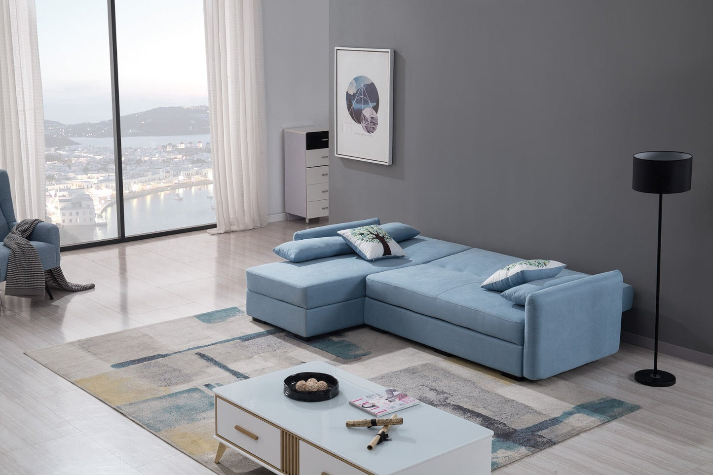 AE-LD828 Light Blue Velvet Sectional Sofa Bed Set