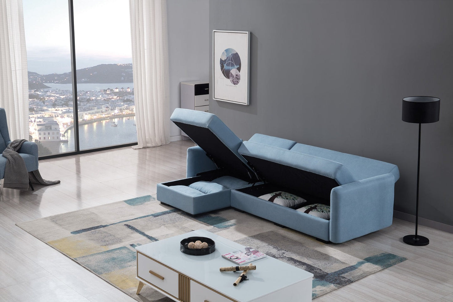 AE-LD828 Light Blue Velvet Sectional Sofa Bed Set