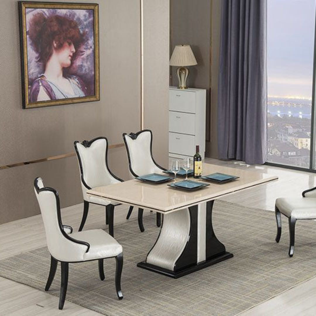 DT-H903 Faux Ivory Marble Top Dining Table with Black Detail