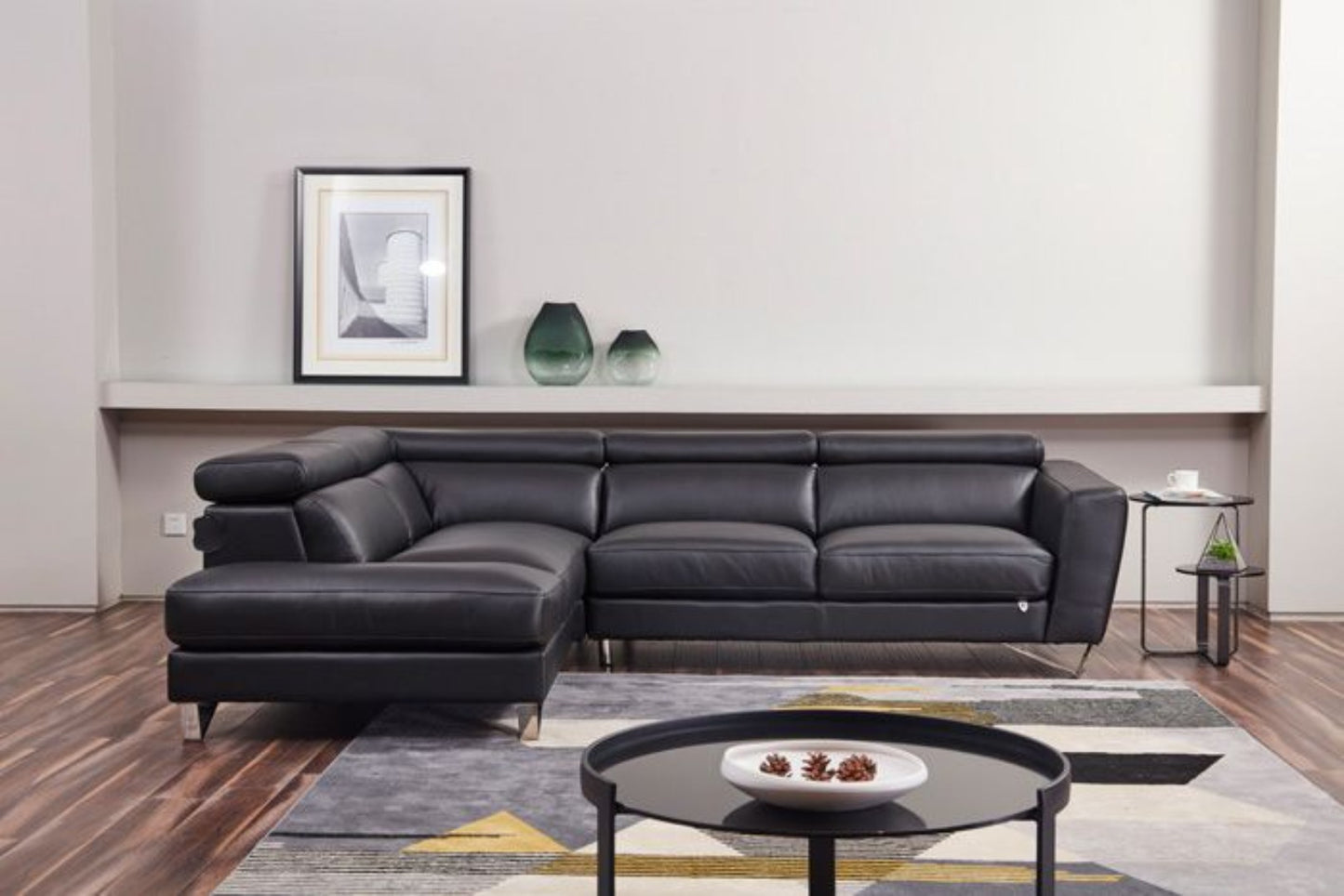 EK-L8010 Black Left Sitting Genuine Leather Sectional Sofa Set