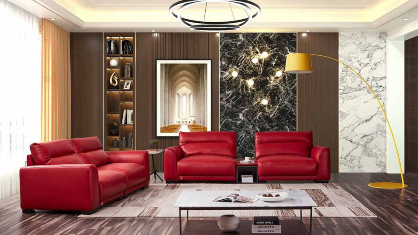 EK8012 Red Genuine Leather Sofa, Loveseat & Cabinet Table Set