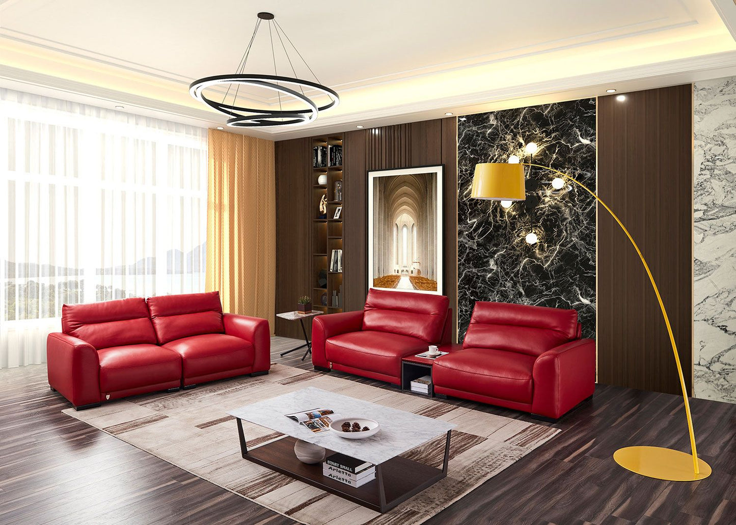 EK8012 Red Genuine Leather Sofa, Loveseat & Cabinet Table Set