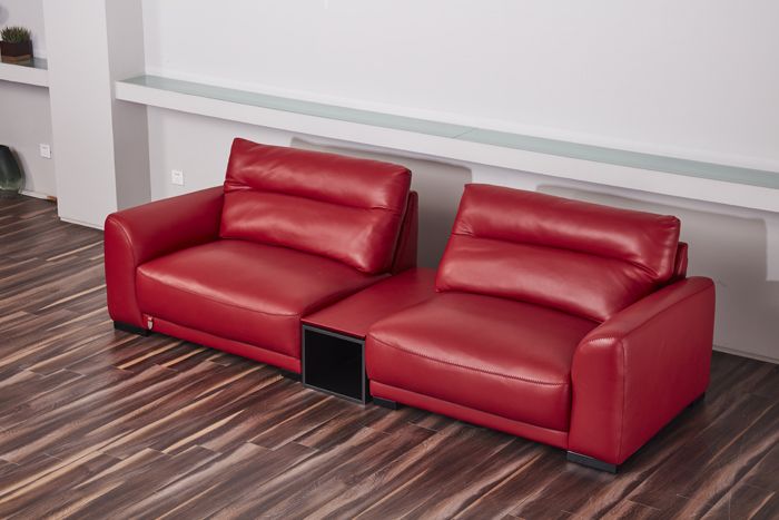 EK8012 Red Genuine Leather Sofa, Loveseat & Cabinet Table Set