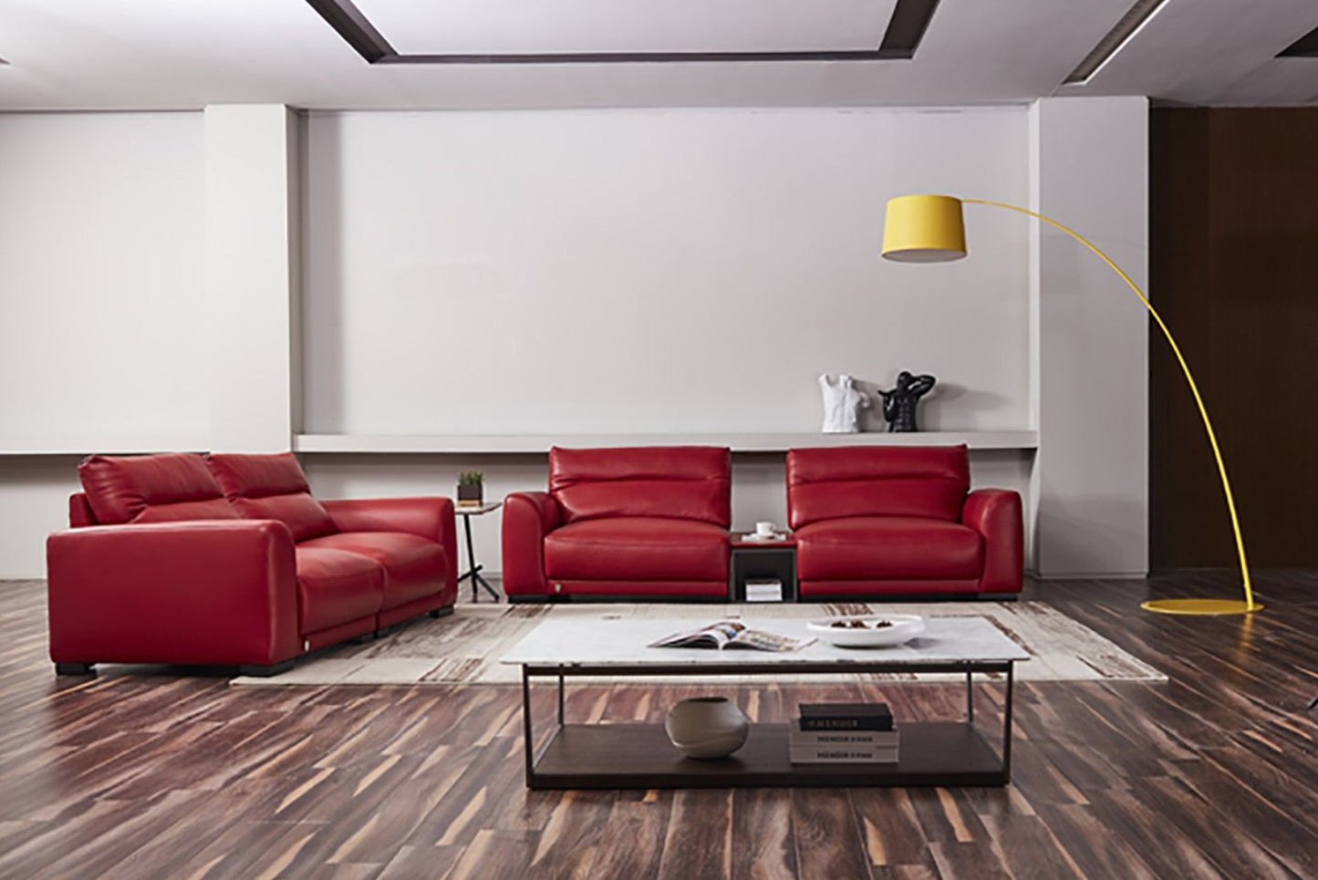 EK8012 Red Genuine Leather Sofa, Loveseat & Cabinet Table Set