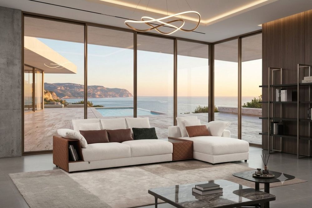 AE-L8013 White Fabric Sectional Sofa Set - Right Side Facing Chaise