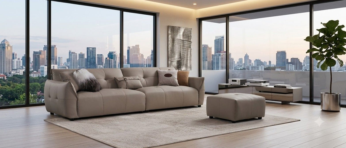 EK-D837 Genuine Top Grain Leather Light Gray Extra Long Sofa & Ottoman