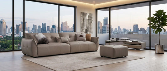 EK-D837 Genuine Top Grain Leather Light Gray Extra Long Sofa & Ottoman